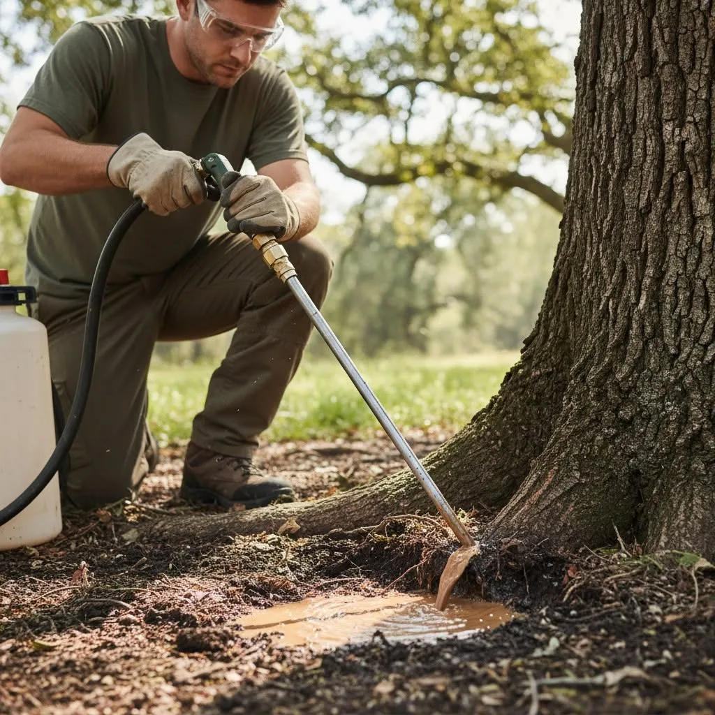 Arborist performing deep-root fertilization with a soil injection probe on a mature tree in Centennial, CO Arborist performing deep-root fertilization with a soil injection probe on a mature tree in Centennial, CO
