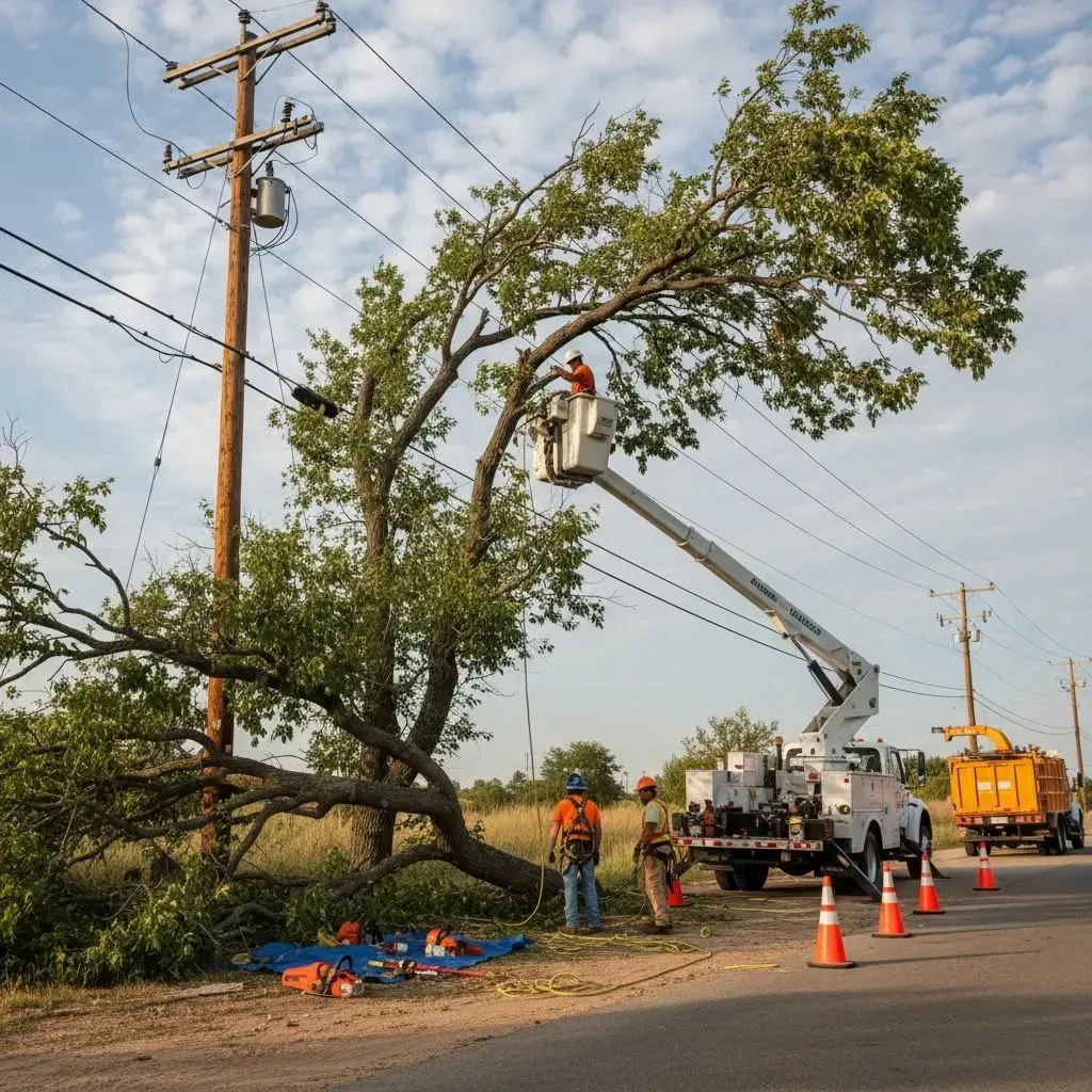 Utility workers trimming a fallen tree beside power lines with a bucket truck and traffic cones on a roadside Utility workers trimming a fallen tree beside power lines with a bucket truck and traffic cones on a roadside