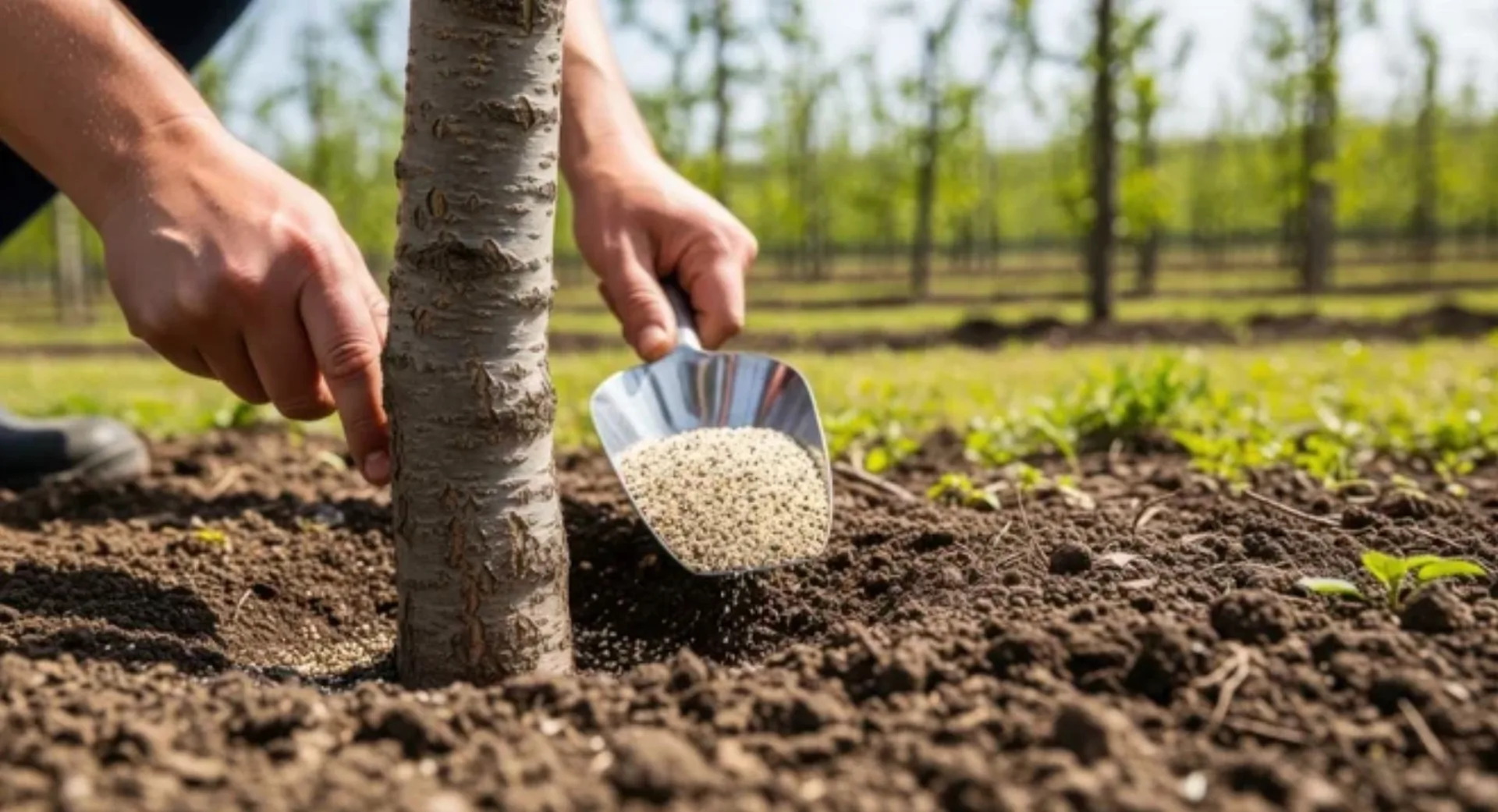 Hands applying granular tree fertilizer around the base of a young tree in Centennial, CO Hands applying granular tree fertilizer around the base of a young tree in Centennial, CO